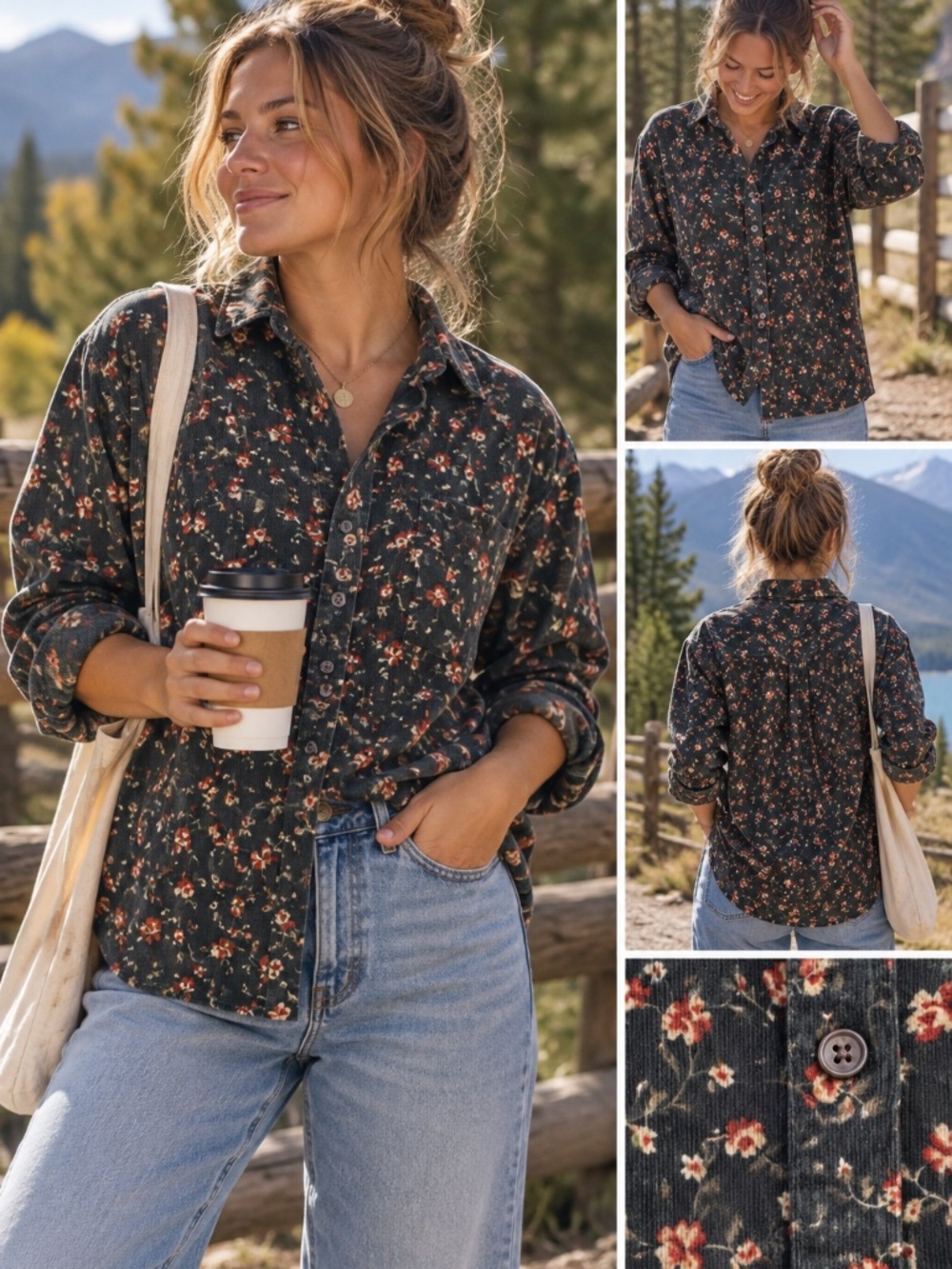 Old Navy Floral Corduroy Button Down Shirt Cottagecore Granola
